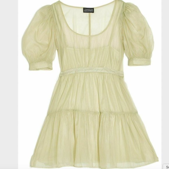 DANIELLE BERNSTEIN Organza Sheer Puff Sleeve Mini Dress Medium Light Green Dot - Picture 3 of 5